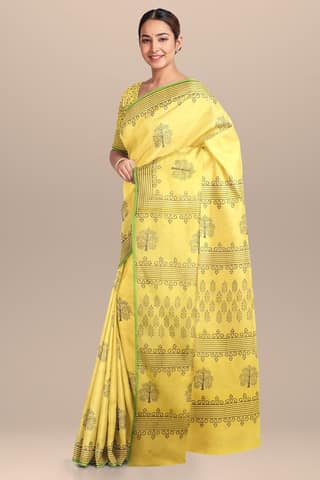 Lemon Yellow Tree Motif Handwoven Hand Block Print Sausar Silk SKU-AS10023