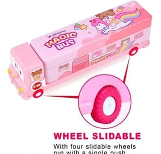 2-in-1 Cartoon School Bus Pencil Box with Wheels & Sharpener – Compass Box Toy for Kids (Pink)