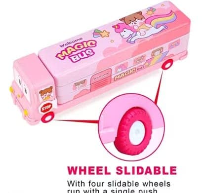 2-in-1 Cartoon School Bus Pencil Box with Wheels & Sharpener – Compass Box Toy for Kids (Pink)