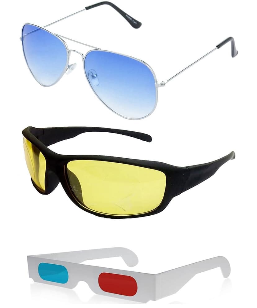 HRINKAR Pilot And Sports Stylish Sunglasses For Men And Women (Blue And Yellow Lens | Silver And Black Frame - HCMB045) With Free Paper 3D Glass