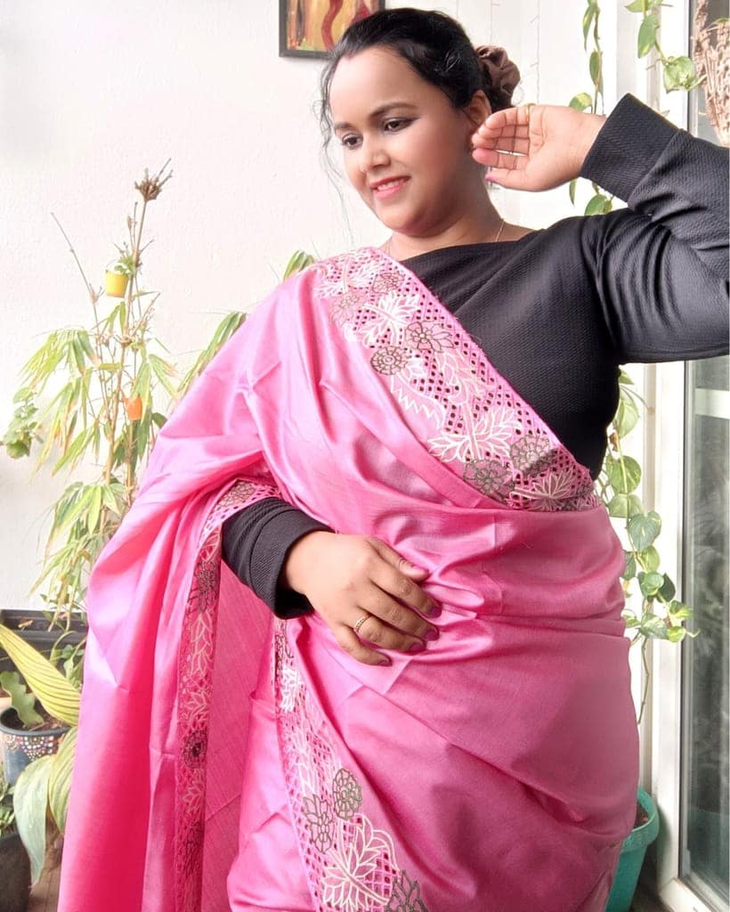 Silkmark Certified Pure Tussar Hand Cutwork Pink Saree with Contrast Blouse-9743 view 4