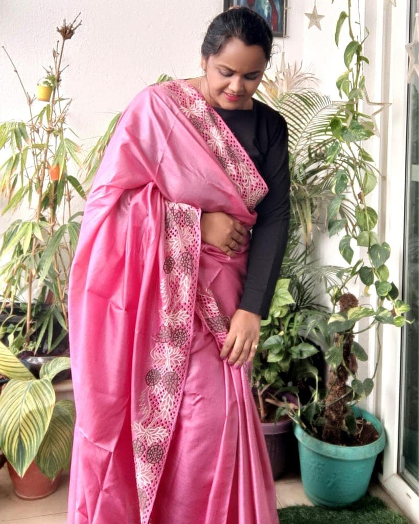 Silkmark Certified Pure Tussar Hand Cutwork Pink Saree with Contrast Blouse-9743 view 5