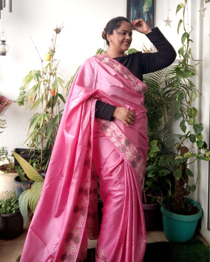 Silkmark Certified Pure Tussar Hand Cutwork Pink Saree with Contrast Blouse-9743 view 6