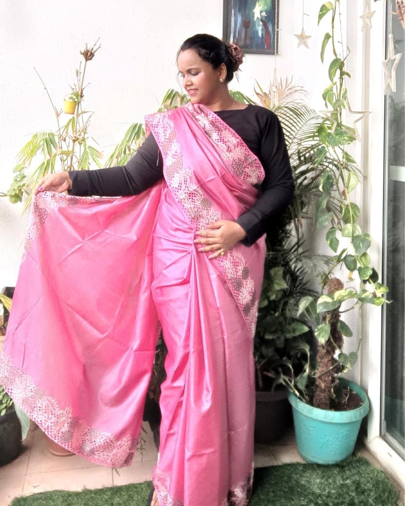 Silkmark Certified Pure Tussar Hand Cutwork Pink Saree with Contrast Blouse-9743 view 7