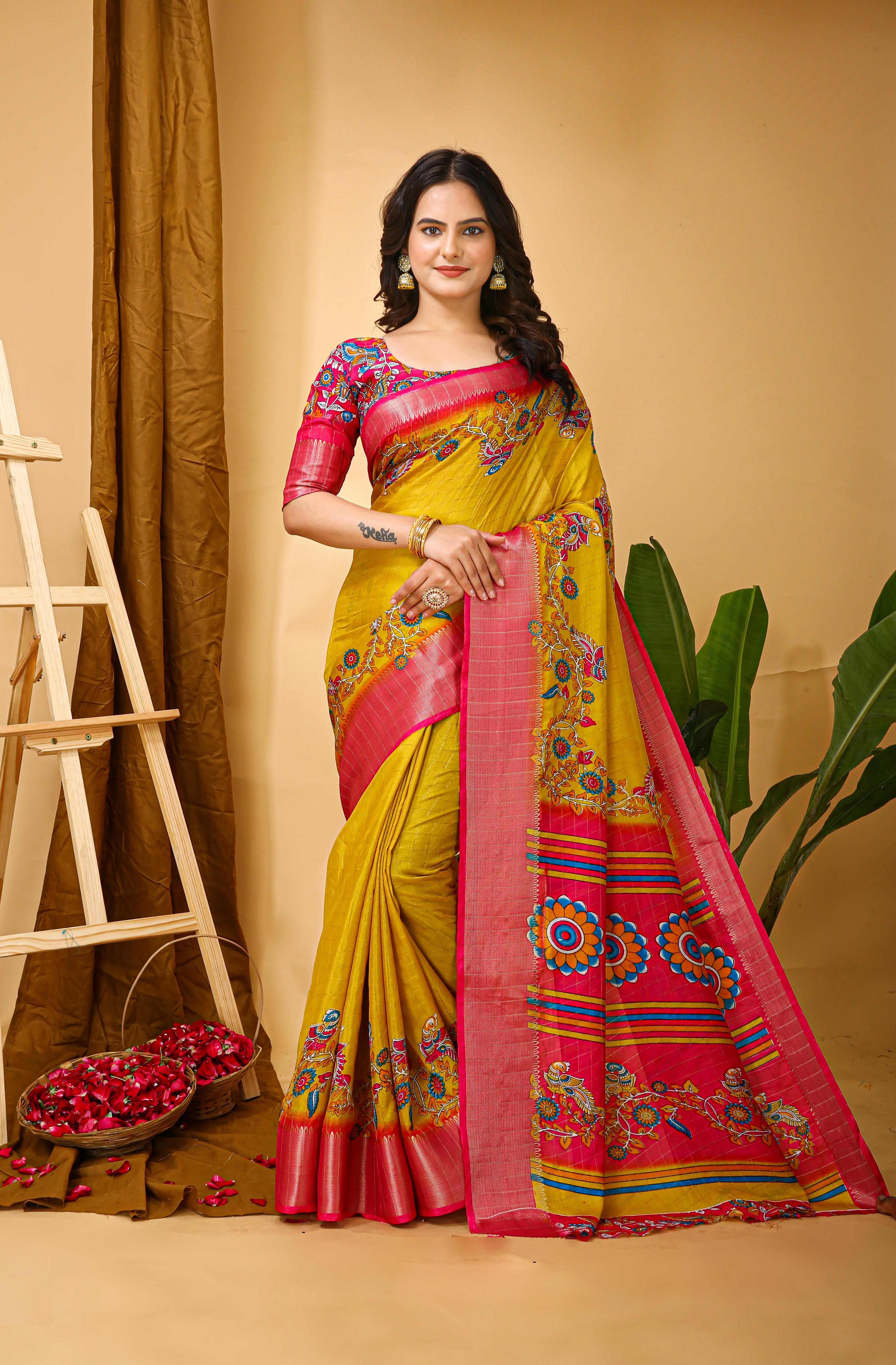 Kalamkari Print Dola Silk Saree
