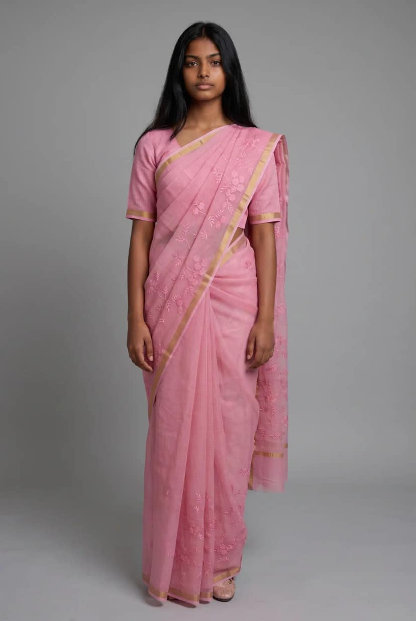 Kota Doria Cotton Saree Mauve Pink Embroidered Floral