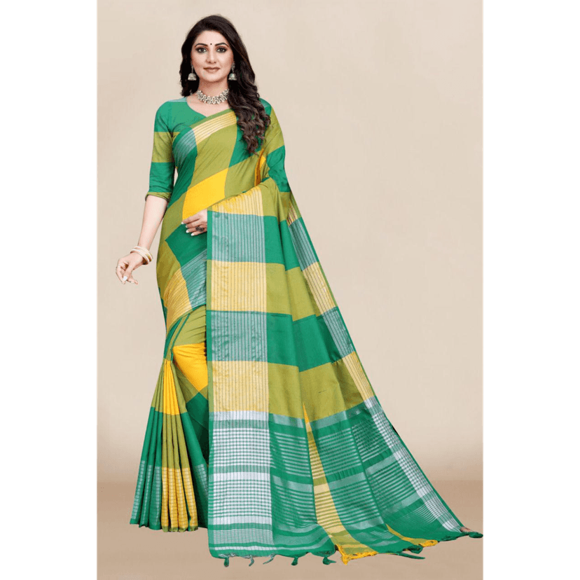 TheHangr Women's Cotton Silk Saree With Blouse Piece & Fancy Jhalar - Yellow-Green