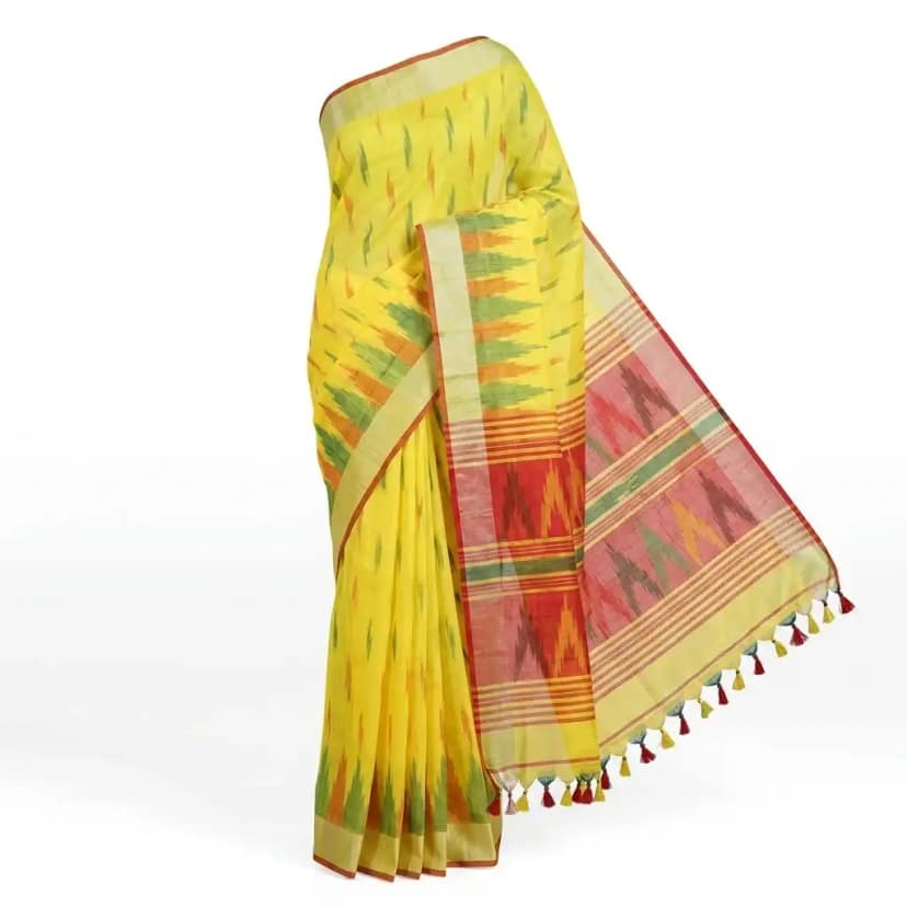 Yellow Printed Odisha Handloom Saree | Ethnic Woven Cotton