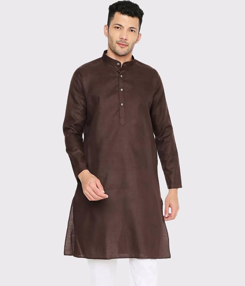 Maharaja Cotton Blend Plain Mandarin Collar Regular Kurta For Men ( Brown )