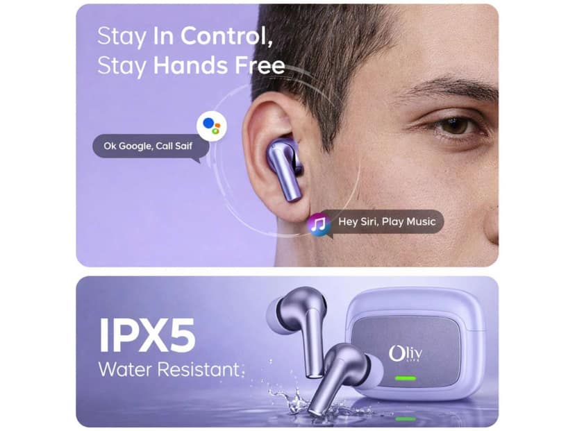 OlivLife VELO True Wireless Earbuds, Bluetooth 6.0 in-Ear Headphones with ENC Mic, 14H Playtime, Deep Bass, Premium Sound, Type-C Fast Charging Case - Purple view 4