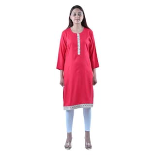 Cotton Fabric Ethnic Zari A- Line Kurti Red Women's