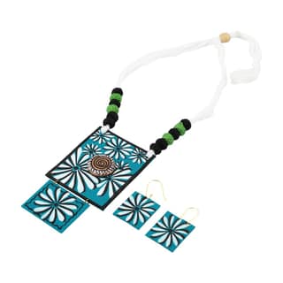 EKAM EK delicately designed square shaped fabric pendent set with earrings with floral design for women and girls for casual and formal occasions