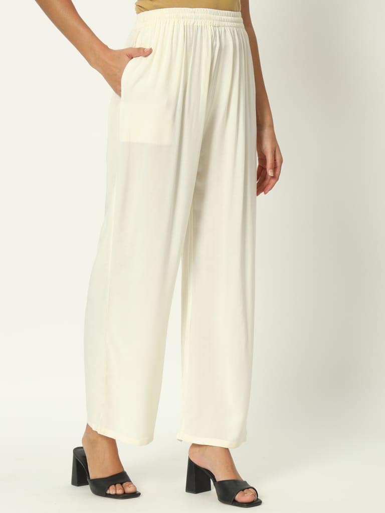 Soft Colors Regular Fit Pocket Palazzo (Cream) view 6