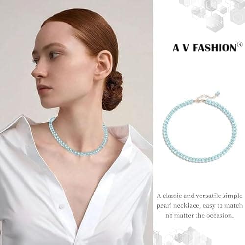 A V FASHION - Pearl Necklace For Girl and Women Sea Green Pearl Necklaces for Women, 8MM Beaded Choker Necklace 1 Layer Beaded Mala Fashion Jewellery view 2