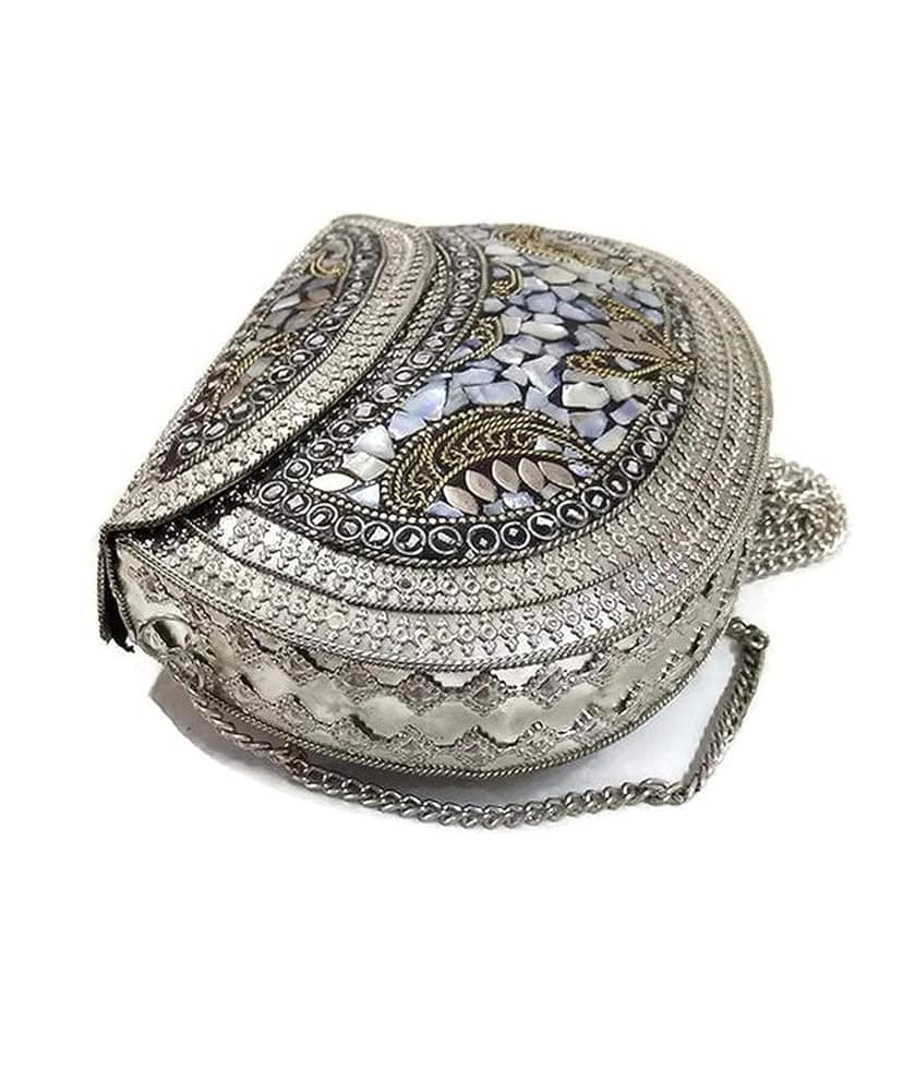 Women Antique Vintage Metal Mosaic Clutch Evening Bag Handcrafted Stone Handbag Purse Made in India (Silver) view 4