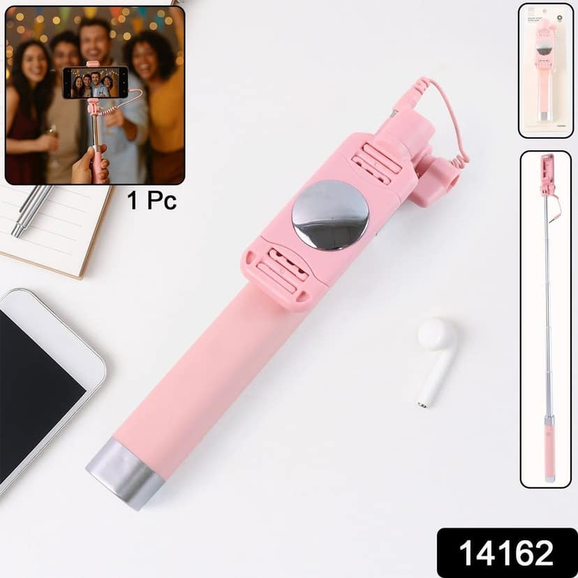 Wired Selfie Stick with Rearview Mirror & Built-In Shutter Button (1 Pc) view 2