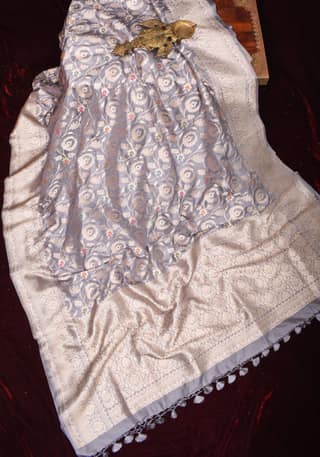 Gray Banarasi Meenakari Pure Katan Silk Saree with Floral Jaal Weave | SILK MARK CERTIFIED