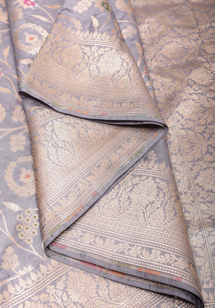 Gray Banarasi Meenakari Pure Katan Silk Saree with Floral Jaal Weave | SILK MARK CERTIFIED view 5