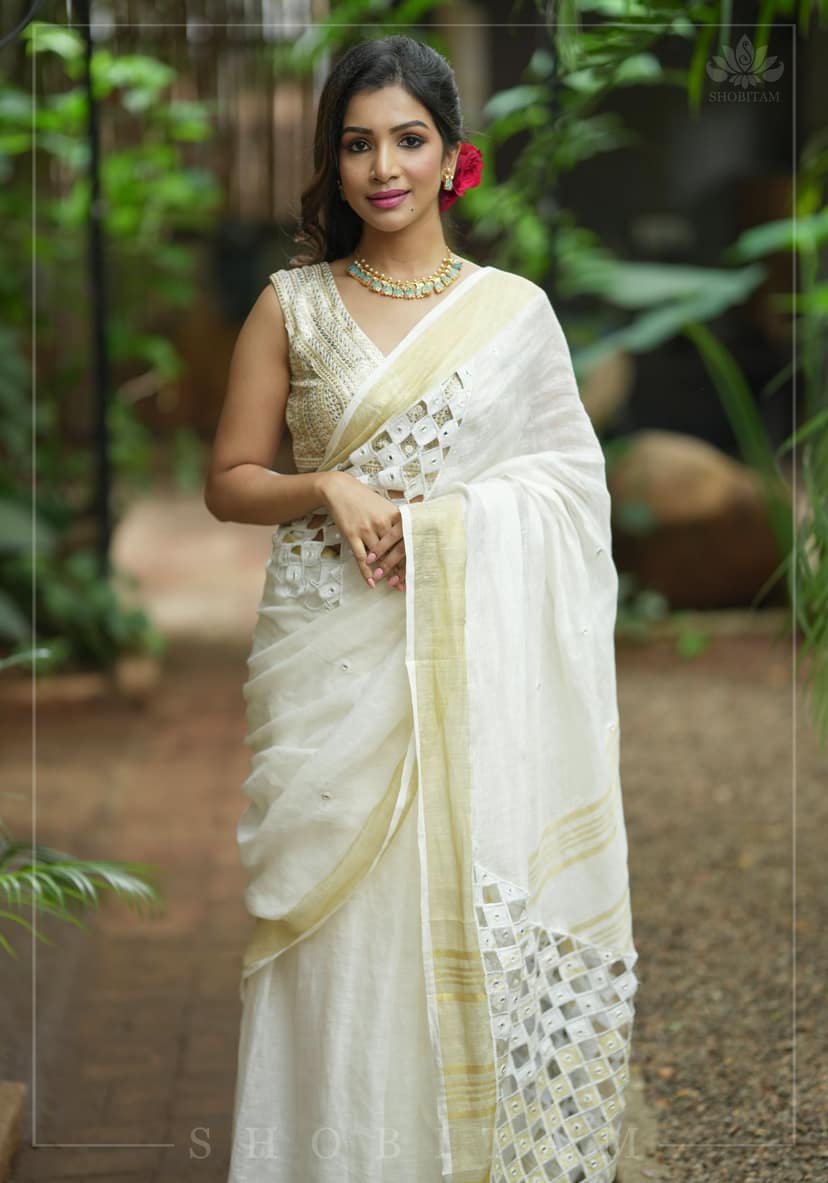 Cutwork and Mirror Work Linen by Line Saree in Chalk White