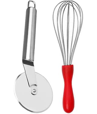 JISUN Stainless Steel Plastic Handle Whisk, Beater, Egg Whisker & Wheel Pizza Cutter Kitchen Tool Set