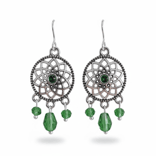 Ethnic Silver-Toned Green Beaded Filigree Mandala Dangler Earrings for Women