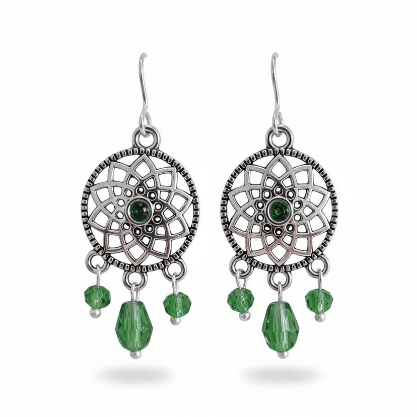 Ethnic Silver-Toned Green Beaded Filigree Mandala Dangler Earrings for Women