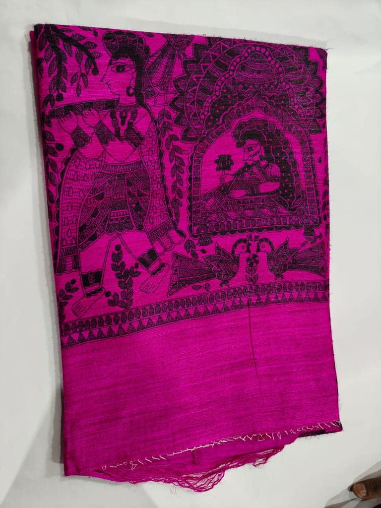 Magenta Silk Saree with Madhubani Print view 3