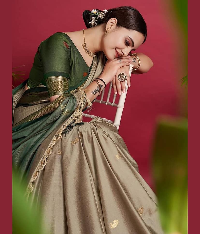 FAB SILK Cotton Silk Embellished Saree With Unstitched Blouse Piece ( Beige )