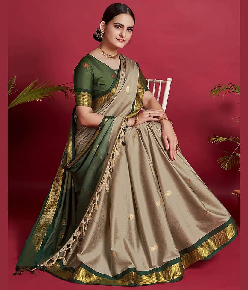 FAB SILK Cotton Silk Embellished Saree With Unstitched Blouse Piece ( Beige ) view 2