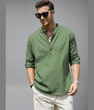 BHUVIKOO Cotton Blend Plain Shirt Style Kurta For Men ( Light Green )