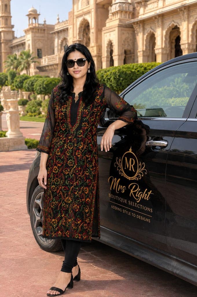 Women's Black Georgette Long Kurta with Multicolour Hand Chikankari Embroidery | 45 Inch Straight Kurti with 3/4 Sleeves & Side Slits view 5