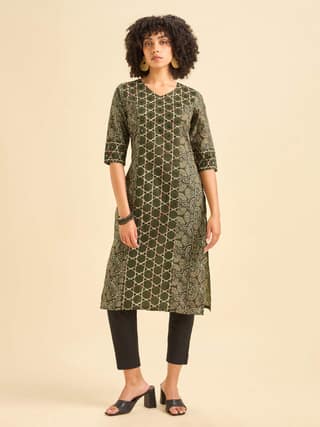 Olive Green Pure Cotton Printed Kurti With Mirror Work