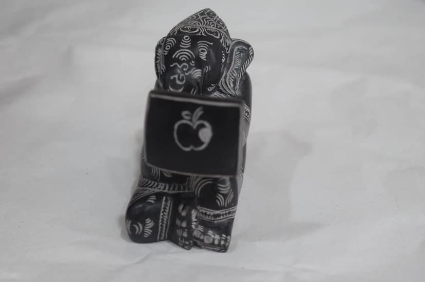Decorative Black Stone Computer Ganesha Small Statue with White Tribal Pattern Design, Handcrafted Display Holder view 4