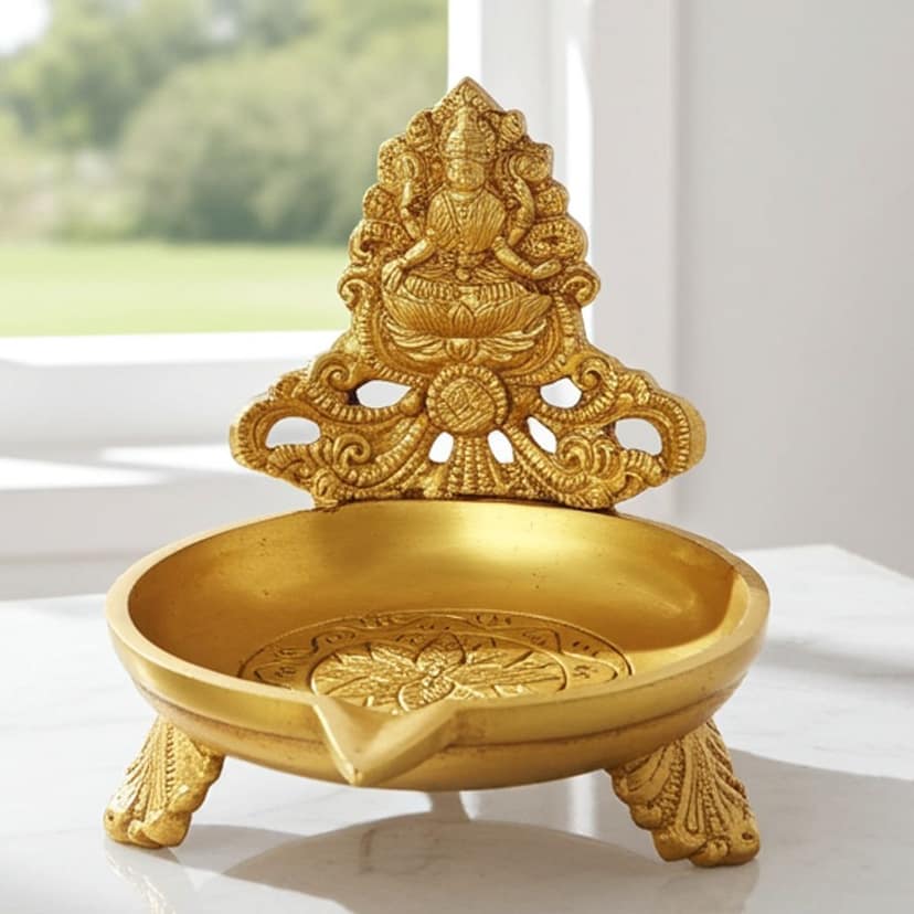 Brass Table Decor Laxmi Oil Lamp Deepak - Handcrafted Brass Diya for Wealth & Prosperity, Height : 4 Inch (BSMAS1160 L) view 2