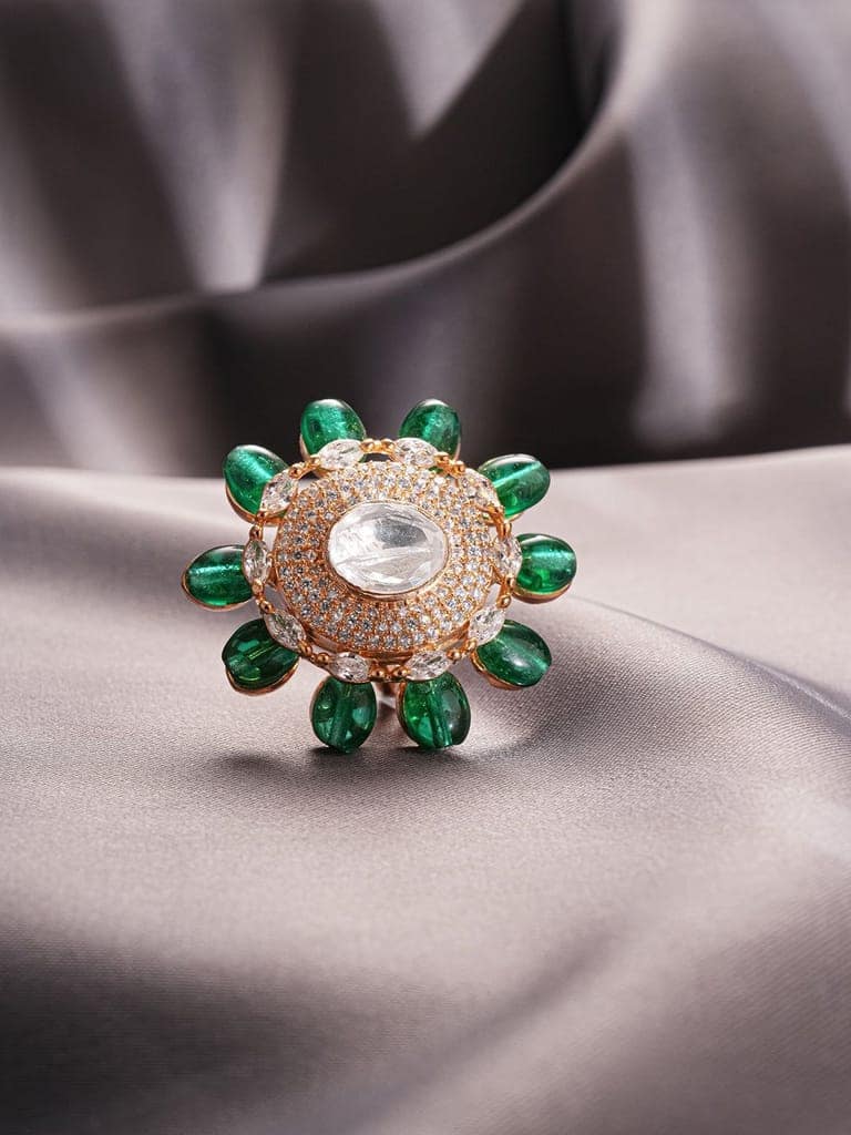 Gold Plated Kundan Mossanite Green Beads Studded Designer Adjustable Finger Rings