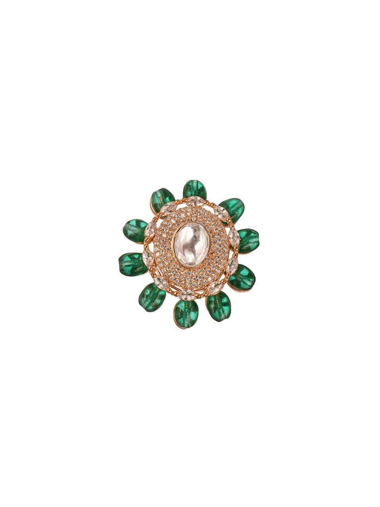 Gold Plated Kundan Mossanite Green Beads Studded Designer Adjustable Finger Rings view 2