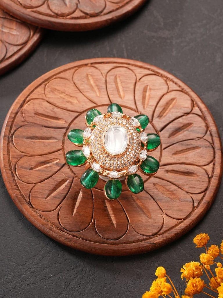Gold Plated Kundan Mossanite Green Beads Studded Designer Adjustable Finger Rings view 4