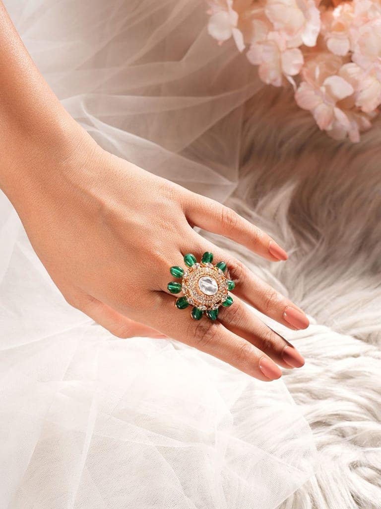 Gold Plated Kundan Mossanite Green Beads Studded Designer Adjustable Finger Rings view 8