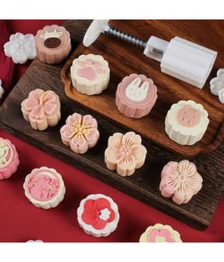 Mooncake Mold Maker Press with 5 Stamps | Traditional Cookie Biscuit Cutter | Flower Shape Pastry Press | DIY Baking Tool for Festival Cakes, Chocolates, Fondant & Kitchen Baking Accessories