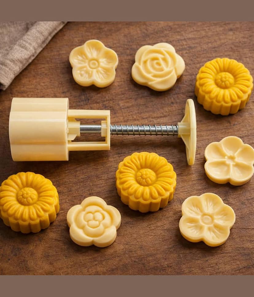 Mooncake Mold Maker Press with 5 Stamps | Traditional Cookie Biscuit Cutter | Flower Shape Pastry Press | DIY Baking Tool for Festival Cakes, Chocolates, Fondant & Kitchen Baking Accessories view 2