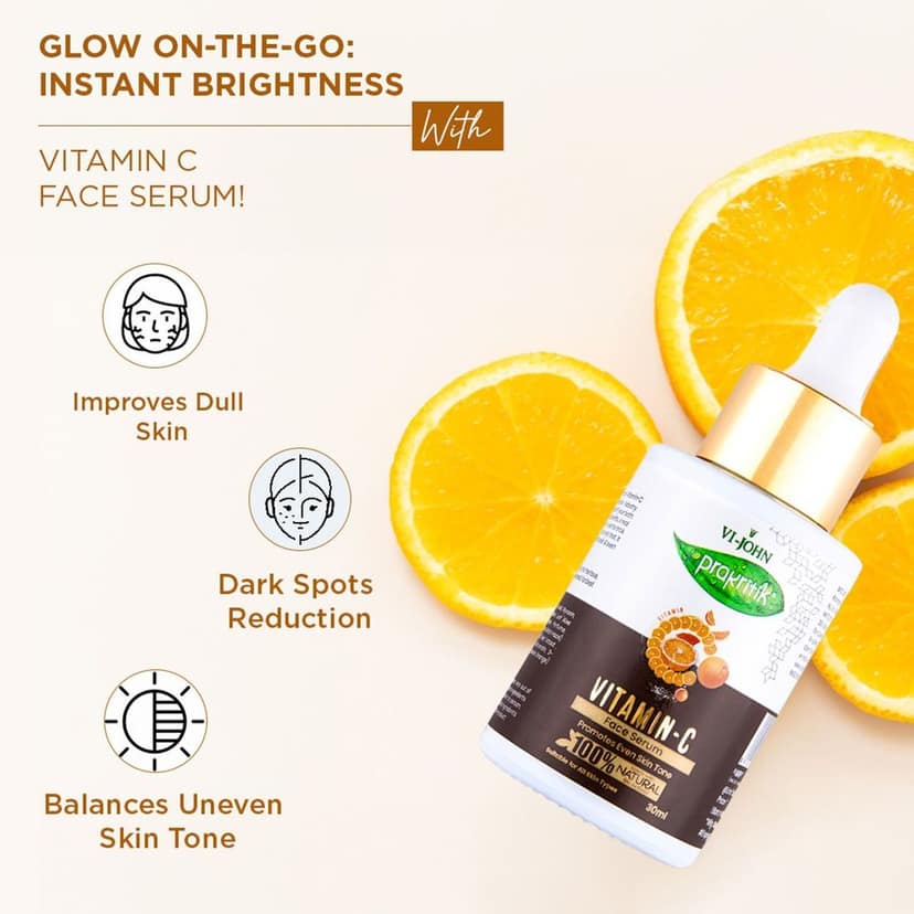 VI-JOHN Prakritik Vitamin C Face Serum Brightening & Anti-Aging | Fights Dark Spots & Pigmentation | Hydrates & Boosts Collagen | Serum for glowing skin | 100% Bioactives Dermatologist Approved |30ML view 7