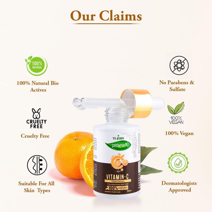 VI-JOHN Prakritik Vitamin C Face Serum Brightening & Anti-Aging | Fights Dark Spots & Pigmentation | Hydrates & Boosts Collagen | Serum for glowing skin | 100% Bioactives Dermatologist Approved |30ML view 8