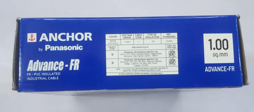 ANCHOR by PANASONIC 1.0 Sq mm Advance Fire Retardent PVC Insulated Industrial Cable 90mtr 1100V. (100% ORIGINAL) view 2