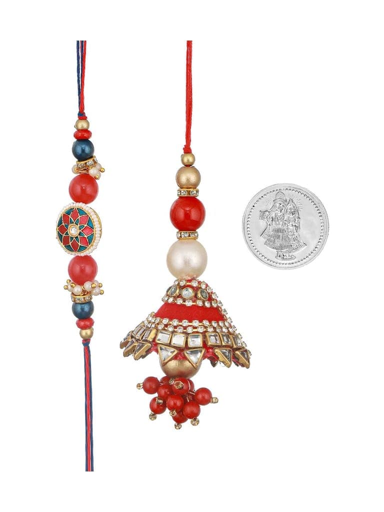 Set Of 2 Designer Kundan & pearl Lumba Rakhi with 10 gram Radhe Krishna round 999 Round Silver Coin view 2