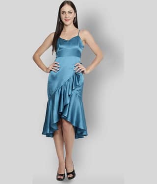 NUEVOSDAMAS Women Satin Solid Asymmetric Dress ( Green )