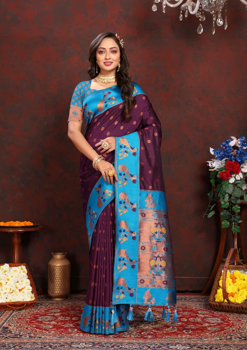 Soft Paithani silk saree with zari weawing desi...