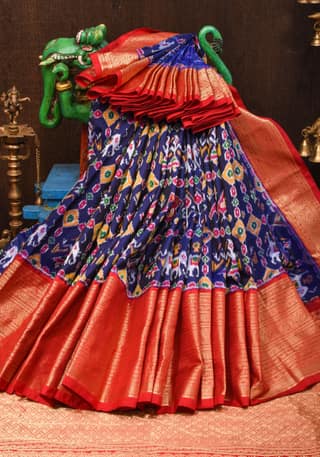 Navy Blue Ikkat Kanjivaram Fusion Silk Saree in Red Wide Zari Border | SILK MARK CERTIFIED