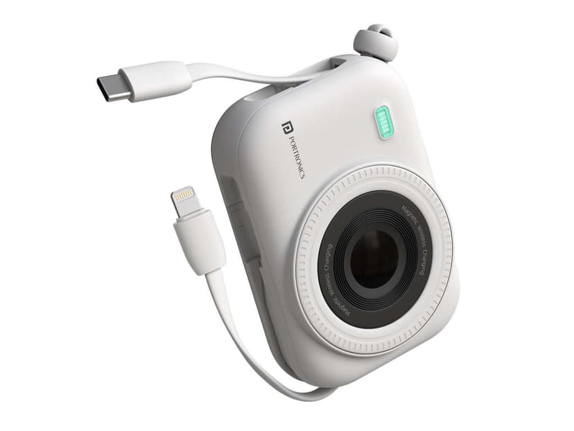 Portronics Power Shutter 15W Wireless Charging, 22.5W Type C PD Output, In Built Type C & 8 Pin Cable, LED Display - White