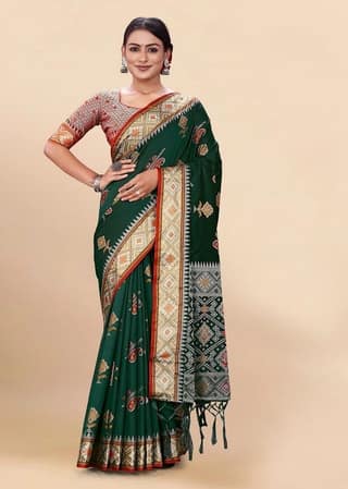 Woven Art Silk Saree in Dark Green