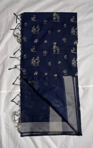 Saura Art Cotton Saree Navy Blue Tribal Figure Buti